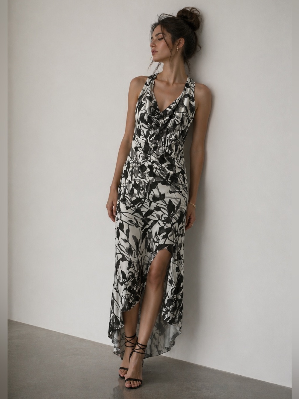 HAUTE HIPPEE 100% Silk Draped-Neck Racerback Maxi Dress, Black and White Floral.